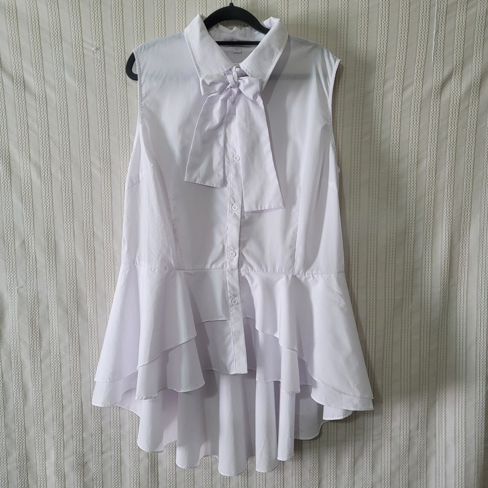 New York & Co Sleeveless Blouse XL White Bow Tie Neck Tiered Ruffle Peplum Hem - Picture 2 of 8
